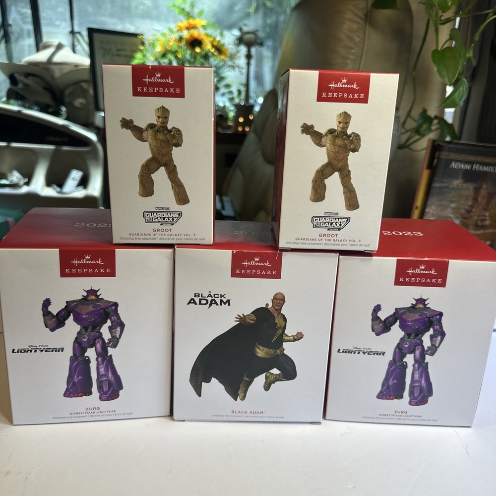 Lot of 5 Hallmark Keepsake Ornaments NIB Zerg, Black Adam, and Groot New in Box
